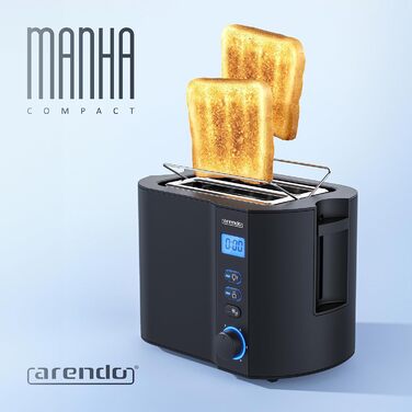 Тостер Arendo на 2 скибки, нержавіюча сталь, 800 Вт, LCD-дисплей, 6 режимів, підставка для булочок, чорний