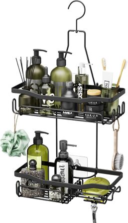 HapiRm Shower Shelf to Hang with Razor Holder & Soap Holder, Hanging Shower Shelf with Multiple Hooks - High-Quality Hanging Shower Basket Stainless Steel No Drilling, Black