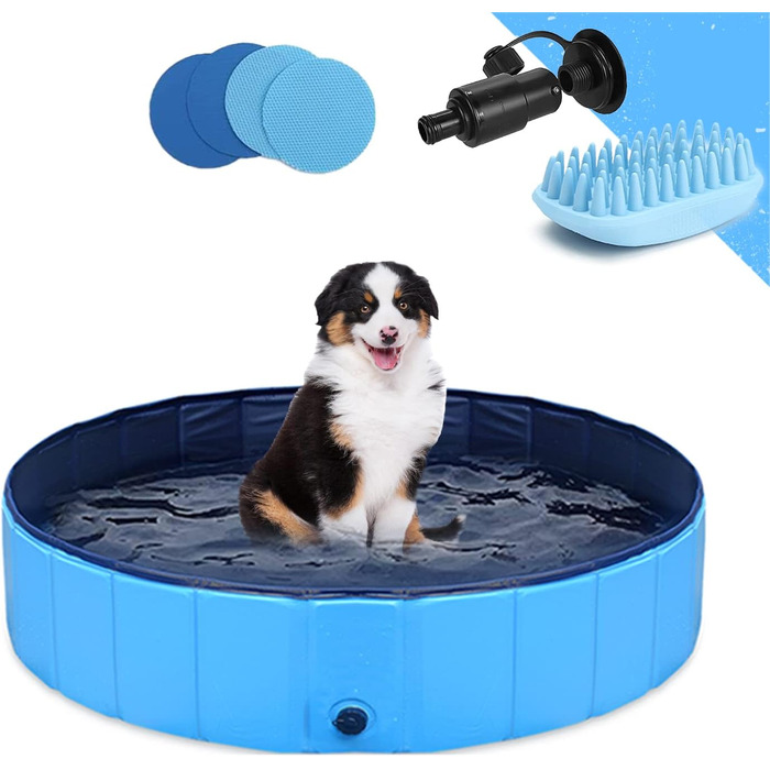 Dog Pool, Inflatable Dog 55'x12' Splash Pool Swimming Pool Kiddie Pool Dog Bathtub Doggy Pool for Large Pet Dog Cat Kids PVC Non-Slip (Bonus Pet Bath Brush) (S:80cmx20cm (L 32