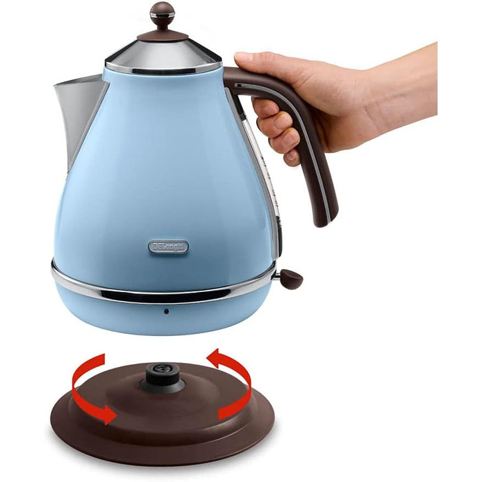De'Longhi Icona Vintage KBOV2001.AZ Kettle - 1.7 l with water level indicator and 360° base, stainless steel with elegant retro look and chrome details, blue, 23x25x23, Azur Azur Single
