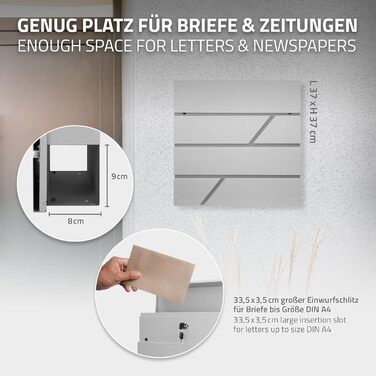 Поштовий ящик ECD Germany з газетницею, нержавіюча сталь, світло-сірий, 37x11x37 см, з 2 ключами, монтажний комплект, сучасний дизайн