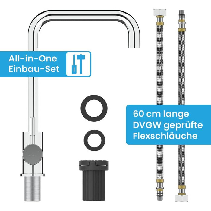 Кухонний змішувач Bächlein Plivo з нержавіючої сталі, поворотний вилив, масивний дизайн, кухонний кран, кут 90 градусів, хром