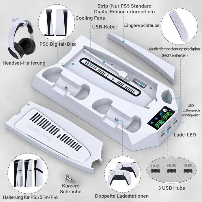 Підставка для PS5 Slim/Pro з зарядною станцією для контролера, RGB-підсвічуванням, вентилятором, тримачем для навушників та USB-хабом, чорно-біла (біла Q211)