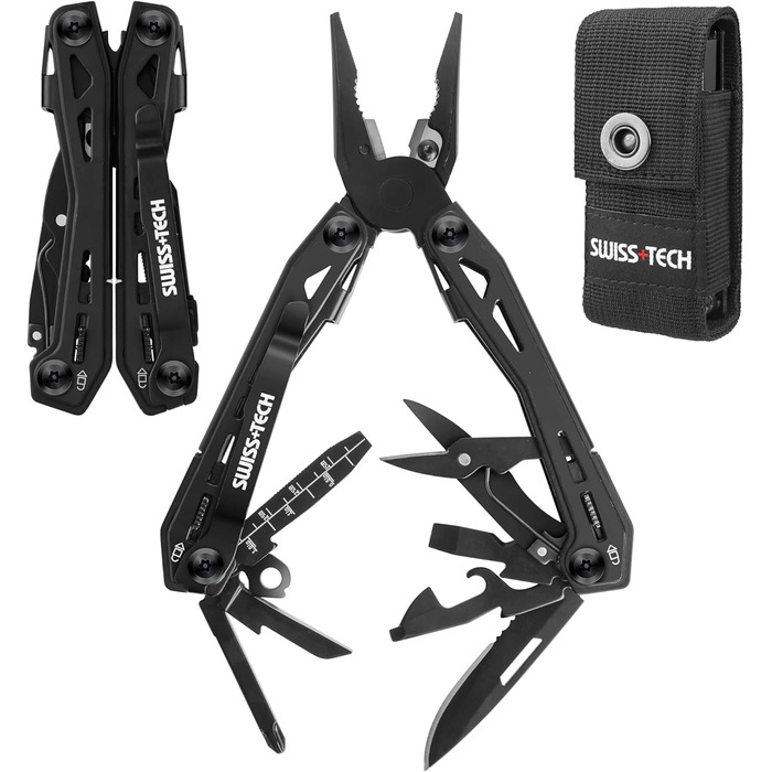 Мультитул Swiss+Tech 16 в 1 з нержавіючої сталі, мультифункціональний інструмент з ножем, відкривачкою та кліпсою для ременя, для кемпінгу та ремонту, з чохлом, чорний