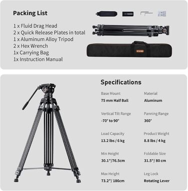 Штатив відео Cayer BF30L з пливним кріпленням, 73' (22м) – міцний штатив для DSLR, відеокамер, камер (13.2 кг)