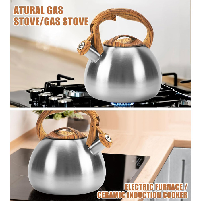 Чайник-свисток Foedo з нержавіючої сталі з дерев'яною обробкою, 3.2 л, для чаю, води, кави та молока, класичний дизайн, червоний (срібний)