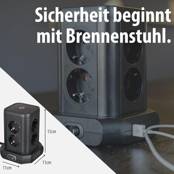 Стеждова тумба Brennenstuhl 8 розеток з USB, чорна (2м кабель)