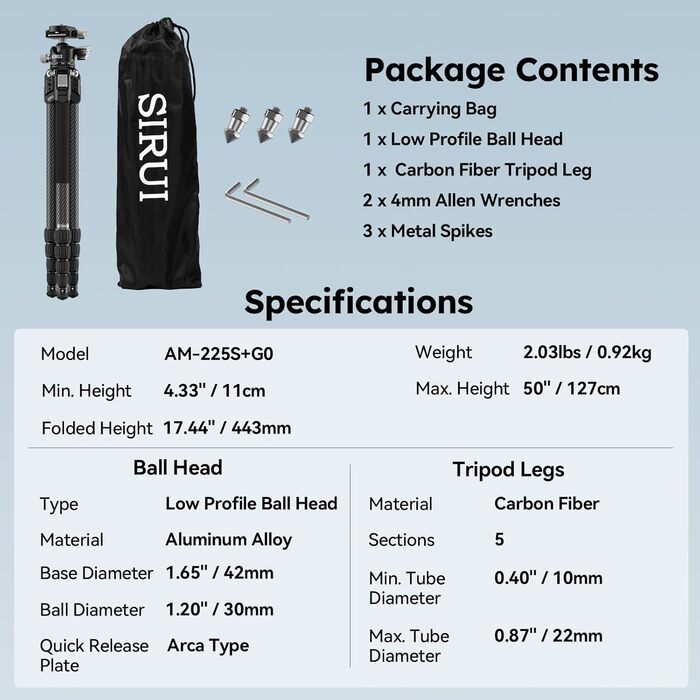 Штатив SIRUI AM-225 Carbon з кульковою головкою 360° (B-00K), 127 см, 0.93 кг, 6 кг. Легкий та компактний професійний штатив з 5 секціями, швидкознімною платформою
