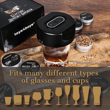 Набір для копчення віскі Toys4Boys Premium - з дерев'яною кришкою, 4 арома-стружками та запальничкою. Ідеальний подарунок для чоловіків. Набір для інфузії віскі без бутану, 6 арома-стружків