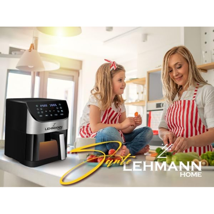 Електрична фритюрниця LEHMANN 6L з прозорим вікном, 1500 Вт, 12 програм, регулювання температури 76-200°C, таймер, LED-дисплей, фритюрниця без олії для приготування на грилі, випікання та смаження