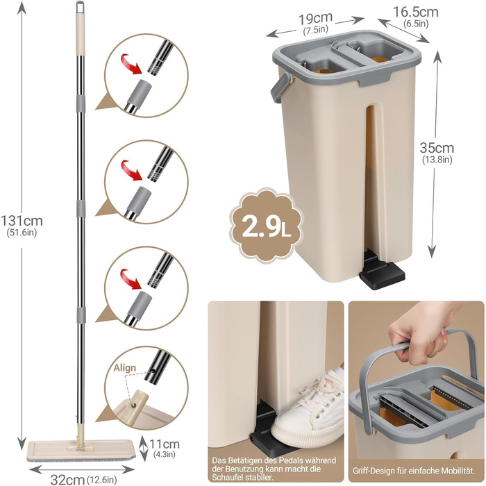 Набір для миття підлоги MASTERTOP з відром, моп з нержавіючою ручкою та 3 насадками, набір 2 в 1 з відром для вичавлювання, плоский моп для твердої підлоги, ламінату, плитки (Бежевий)