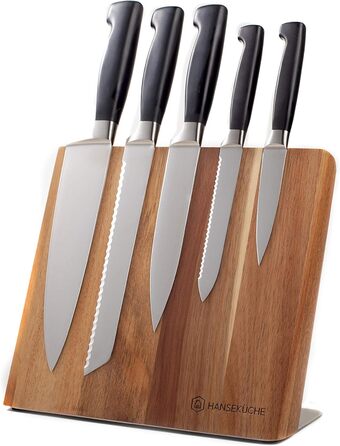 Hansekitchen Knife Holder Magnetic – Magnetic Knife Block Made of Acacia Wood, High-Quality Knife Board with Magnet, Magnetic Knife Holder without Knives - with Magnetic Strip (Brown)