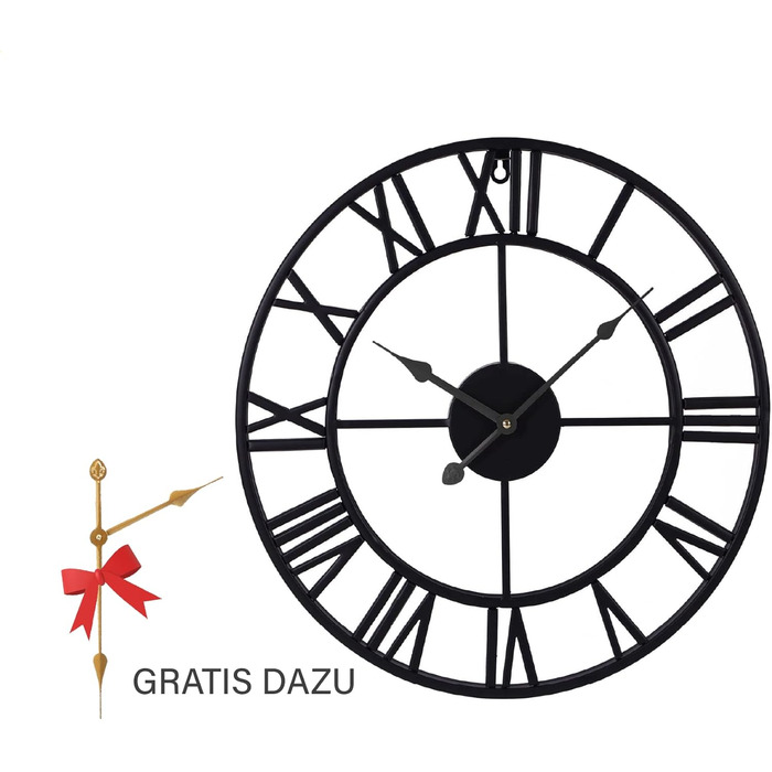 Samilito Large Wall Clock in Vintage Style, Round, Silent. Free with it: ONE extra set of clock hands in Black. Metal clock for loft, living room, bedroom and kitchen decoration (60cm, Black)