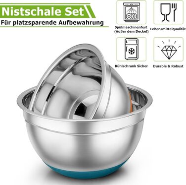 TEAMFAR Mixing Bowl Set, 7-Piece Stainless Steel Bowl Salad Bowl Set with Airtight Lids and Silicone Bottom, Nesting & Dishwasher Safe, 0.7L / 1.2L / 1.5L / 2.5L / 2.8L / 3.5L / 6.5L, assorted colors