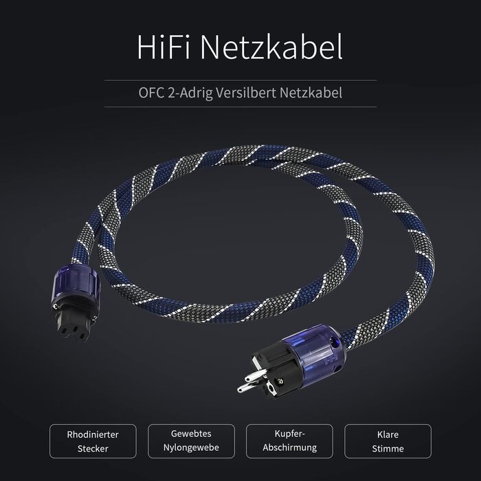 Hi-Fi мережевий кабель Tertullus High End C15 для аудіотехніки, Schuko — C15, 2м, синьо-сірий (P037)