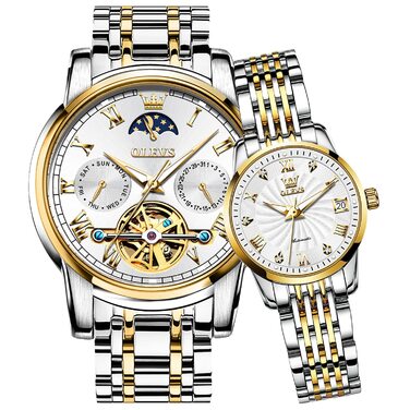 Набір автоматичних механічних годинників для пари OLEVS: чоловічий та жіночий, з календарем та фазами місяця, двоколірний дизайн, сріблясті