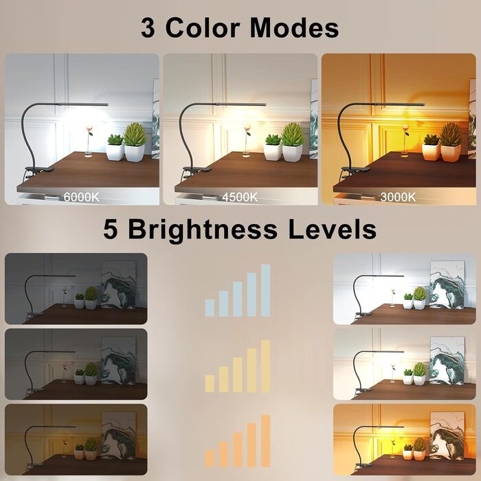 Лампа настільна LED Mojimdo 77 з пультом ДУ, 40 см, 3 кольори, 5 рівнів яскравості, гнучкий штатив, USB-зарядка, чорний