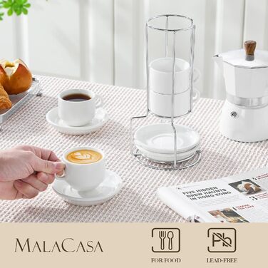 Набір чашок еспресо MALACASA 4 шт., 75 мл, з підставками та стійкою, біле порцелянове виробництво Італії, сумісні з посудомийною машиною, серія Regular 75 мл