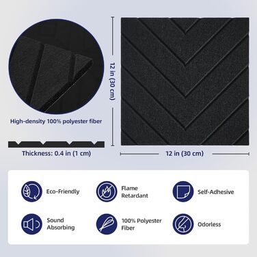 Самоклеючі акустичні панелі Vieshful для шумоізоляції стін та стелі, 10 шт, 30x30x1 см, чорні — звукопоглинаючі плити для студії, офісу та спальні