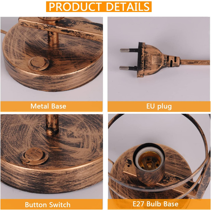 Металева настільна лампа для офісу та дому, Е27, вінтажний стиль, з абажуром-сіткою, чорний колір, з вимикачем (без лампочки)