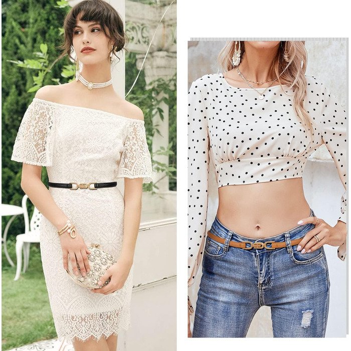 Жіночі тонкі ремені WHIPPY (2 шт) - чорний + коричневий, 105 см, для талії до 95 см. Тонкий шкіряний ремінь з металевою золотистою пряжкою. Підходить до суконь та іншого одягу.