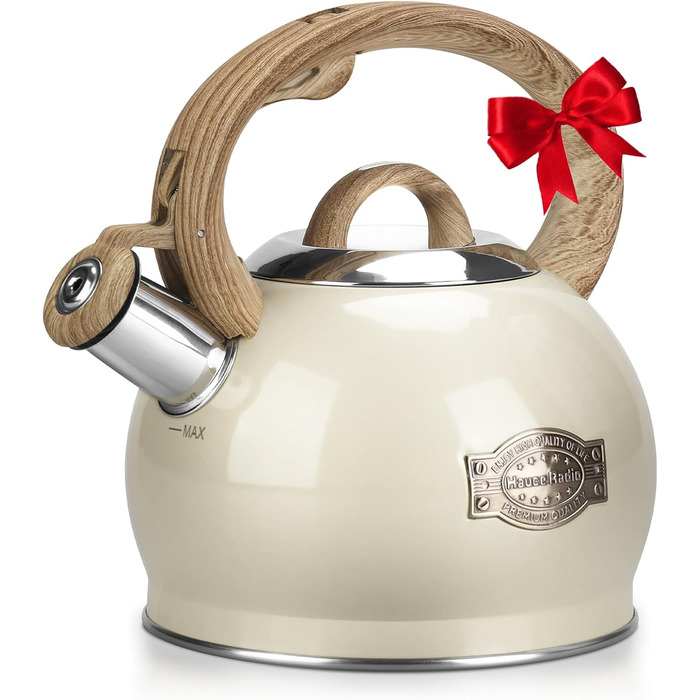 Чайник Teekessel 2.1 л з плитою, чайник з нержавіючої сталі з дерев'ястим декором, складаний ручка, для всіх типів плит (білий)