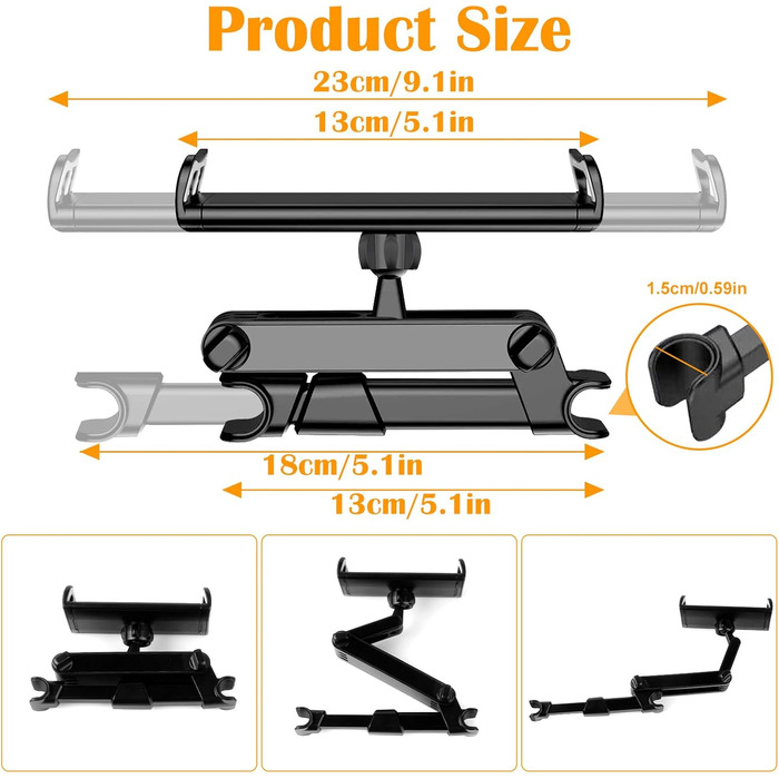 Тримач для планшета в авто: кріплення на підголівник, 360° обертання, сумісний з iPad, Switch, Kindle (4.7-13 дюймів), чорний