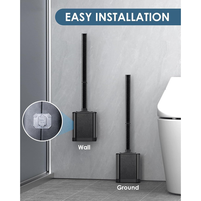 Силіконова щітка для унітазу Klobürste з нержавіючої сталі та контейнером, гнучка щітка для туалету, набір для кріплення на стіну без свердління, для ванної кімнати (чорний)