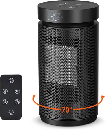 Електричний обігрівач 1500W з термостатом, PTC-кераміка, захист від перегріву та перекидання, 3 режими, таймер 12h, осциляція 70°, для дому, кемпінгу, офісу