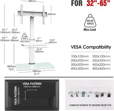 Підставка для телевізора Boden для 32-65 дюймів, поворотна на 60 градусів, з регулюванням кута нахилу, 8-ступенева регулювання висоти, стійка для телевізора для вітальні/спальні, витримує до 40 кг, VESA до 400 x 400, білий/декор для саду