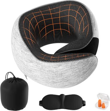 Подушка для шиї у подорожах: м'яка, з memory foam, для автомобіля та літака, з навушниками та маскою для сну (світло-сіра)