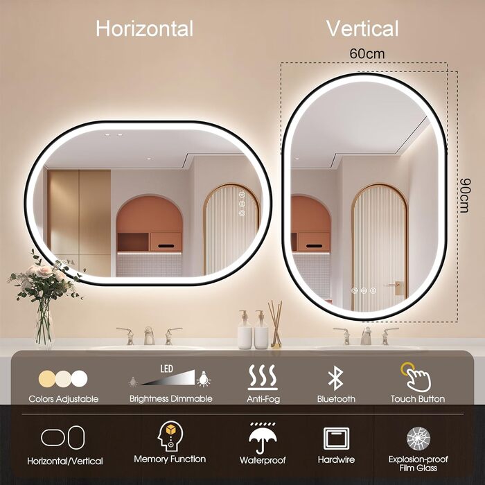 Дзеркало для ванної кімнати LED Starlead Munich 90x60 см з підсвічуванням, Bluetooth, регулюванням яскравості, 3 кольори світла, антизапарник, функція пам'яті, HD скло, IP44, горизонтальне/вертикальне встановлення, без рамки