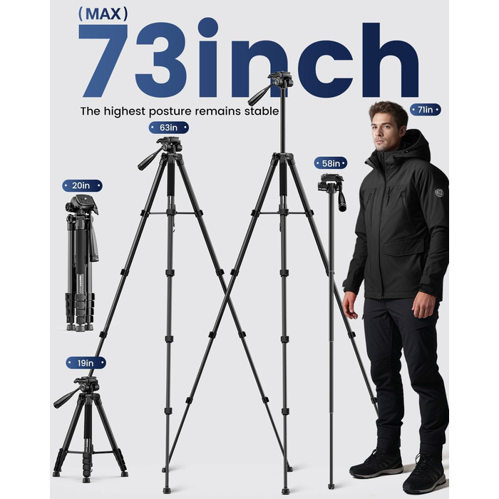 Штатив для камери та монопод CAMBOFOTO 185.4 см (73 дюйми), професійний, з підтримкою для телефону та чохлом, сумісний з дзеркальними/беззеркальними камерами, DSLR, мобільним телефоном, відеокамерою, GoPro, алюміній, оранжевий