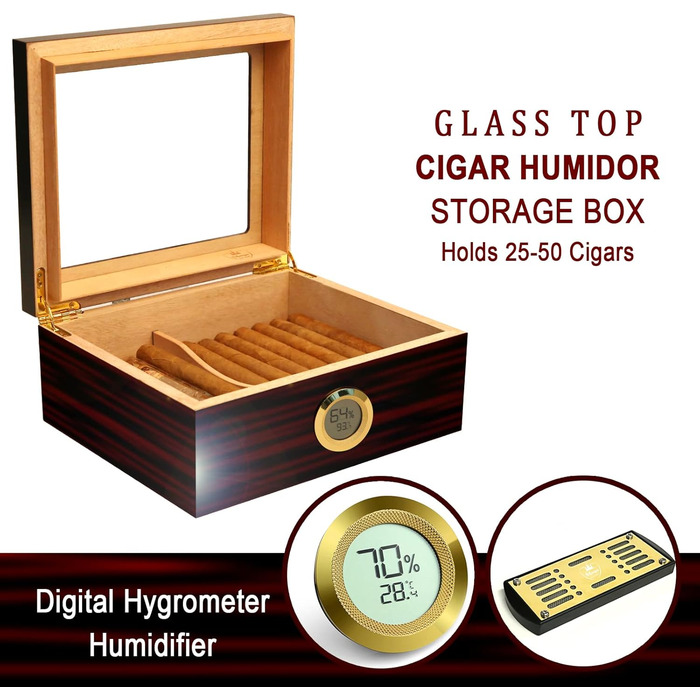 Вишуканий цигарковий вологий ящик (гумодор) ручної роботи з іспанського кедра, цифровим гігрометром, зволожувачем та роздільниками. Подарунок для чоловіків (30-50 сигар). Чорний колір.