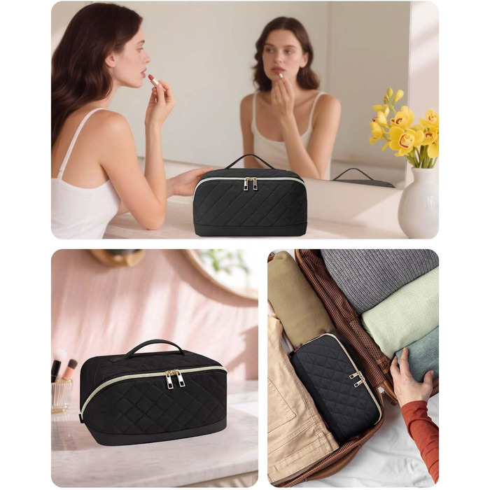 Чорна косметичка для подорожей Wandering Nature з відділенням для пензлів, велика, водонепроникна, з перегородкою та ручкою (патендована)