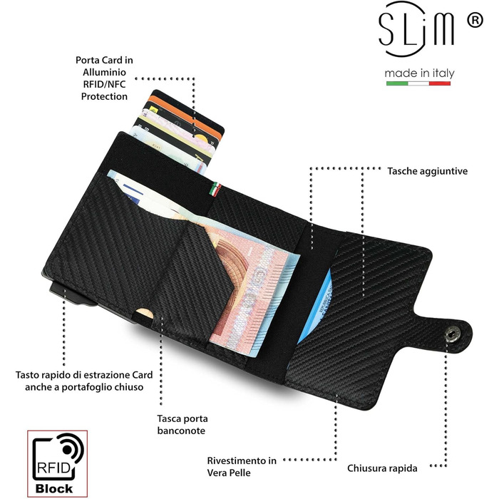 Стильний гаманець Slim Geldbörse для чоловіків та жінок з RFID захистом, відділенням для монет, карбон, чорний, Made in Italy