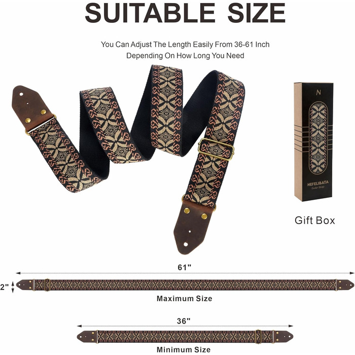 Гітарний ремінь Nefelibata з жаккардової вишивки, бавовна, з шкіряними кінцями Crazy Horse, для бас-гітари, електро- та акустичної гітари, подарунок для дітей та гітаристів (золота вишивка) Y#-золота вишивка