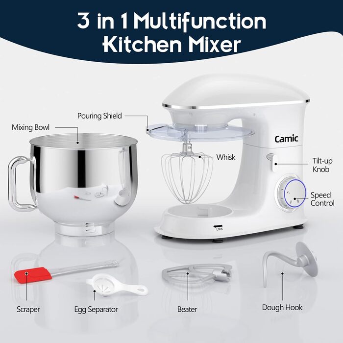 Stand Mixer Dough Mixer Camic 1500W 8L Stand Mixer Whisking Device Multifunction Mixer Quiet, Powerful, and Professional, 6 Speeds with Pulse, Stainless Steel Bowl (White)