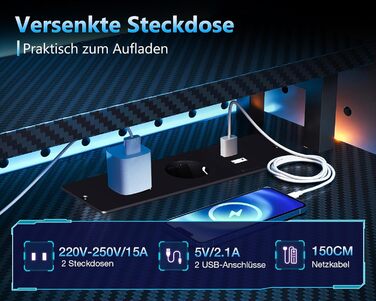 Ігровий стіл Coleshome з шухлядами, 151x50 см, з LED-підсвічуванням та розеткою, стіл для комп'ютера з полицями та підставкою для монітора, карбонове волокно, чорний