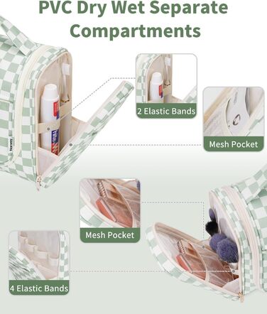 Сумка для косметики та туалетних аксесуарів для жінок та чоловіків, підвісна, з сіткою (блакитне листя, м'ятно-зелена решітка)