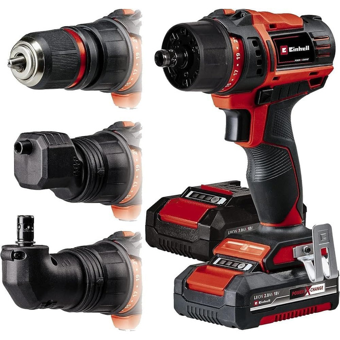 Акумуляторний дриль-шуруповерт Einhell TE-CD 18/45 3X-Li+ Power X-Change (18 В, 45 Нм, кутовий насадка, ексцентрик, 22-ти шт. набір біт, 2x2.0 Ah акумулятори, зарядний пристрій + E-Box)