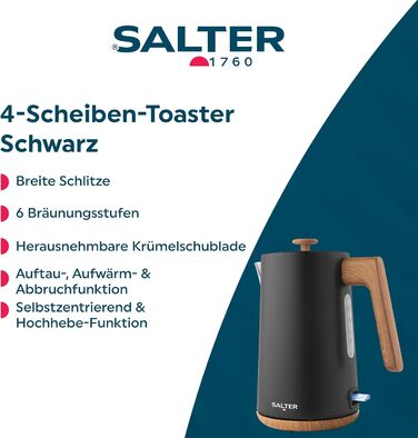 Електричний чайник Salter Toronto 1,7L, 3kW, чорний: швидке кип'ятіння, 360° підставка, фільтр від накипу, дерев'яний дизайн, бездротовий, захист від сухого кип'ятіння, автовимкнення, контролер Otter, чорний колір