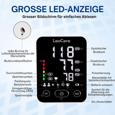 Тонометр LeoCare 528 для вимірювання артеріального тиску на плечі, CE-сертифікований, з функцією виявлення аритмії, для домашнього використання