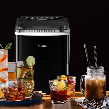 Silonn Ice Maker - Compact Ice Cube Machine for Kitchen, Bar, Office & Party - 2 Sizes, 12KG/24H, Self-Cleaning, Black
