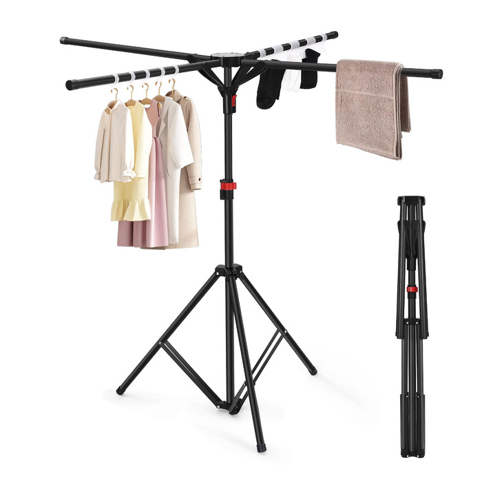 Сушарка для білизни Standtrockner з 4 крилами, 10 гачків та кліпсою для шкарпеток. Складана, регульована по висоті, для дому, балкону, кемпінгу (чорний)