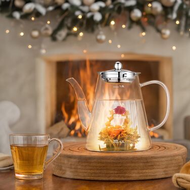 Скляний чайник з ситом 1200-1500 мл з боросилікатного скла з мірною шкалою для листового чаю та чайних квітів, подарунковий набір