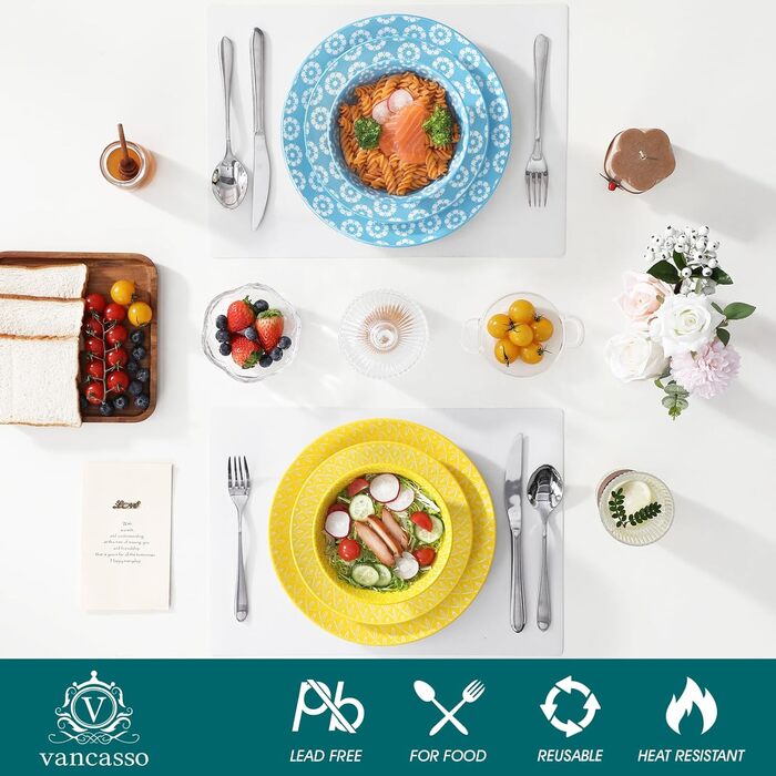 Набір посуду Vancasso Selene для 6 осіб, 24 елементи: тарілки, супові тарілки, десертні тарілки, миски, пастельний фарфор, мікрохвильова піч