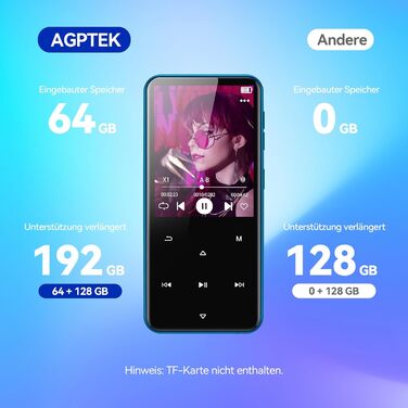 MP3-плеєр AGPTEK 64GB Bluetooth 5.3 з TFT екраном, FM-радіо, підтримкою до 128GB, функцією запису та E-Book (синій)