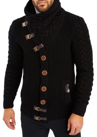 Чоловічий светр Leif Nelson з коміром-шарфом, Slim Fit, зимовий, повсякденний, великий в'язаний, чорний худі-светр LN7080 Cael (S, Чорний)