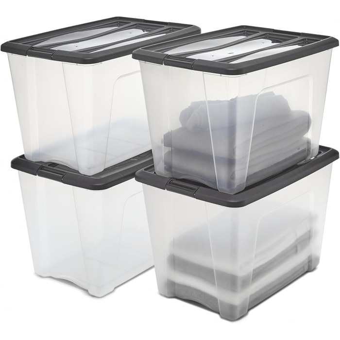 Iris Ohyama Storage Boxes with Lids, 60L, Set of 4, Black, Secure Closure, Stackable, Handles, for Bedroom, Closet, Office, Organization, BPA-Free Plastic, Storage Boxes, NTB-60